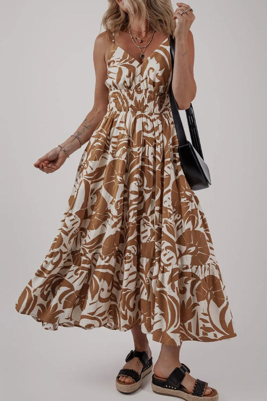 Floral Shirred High Waist Spaghetti Straps Dress
