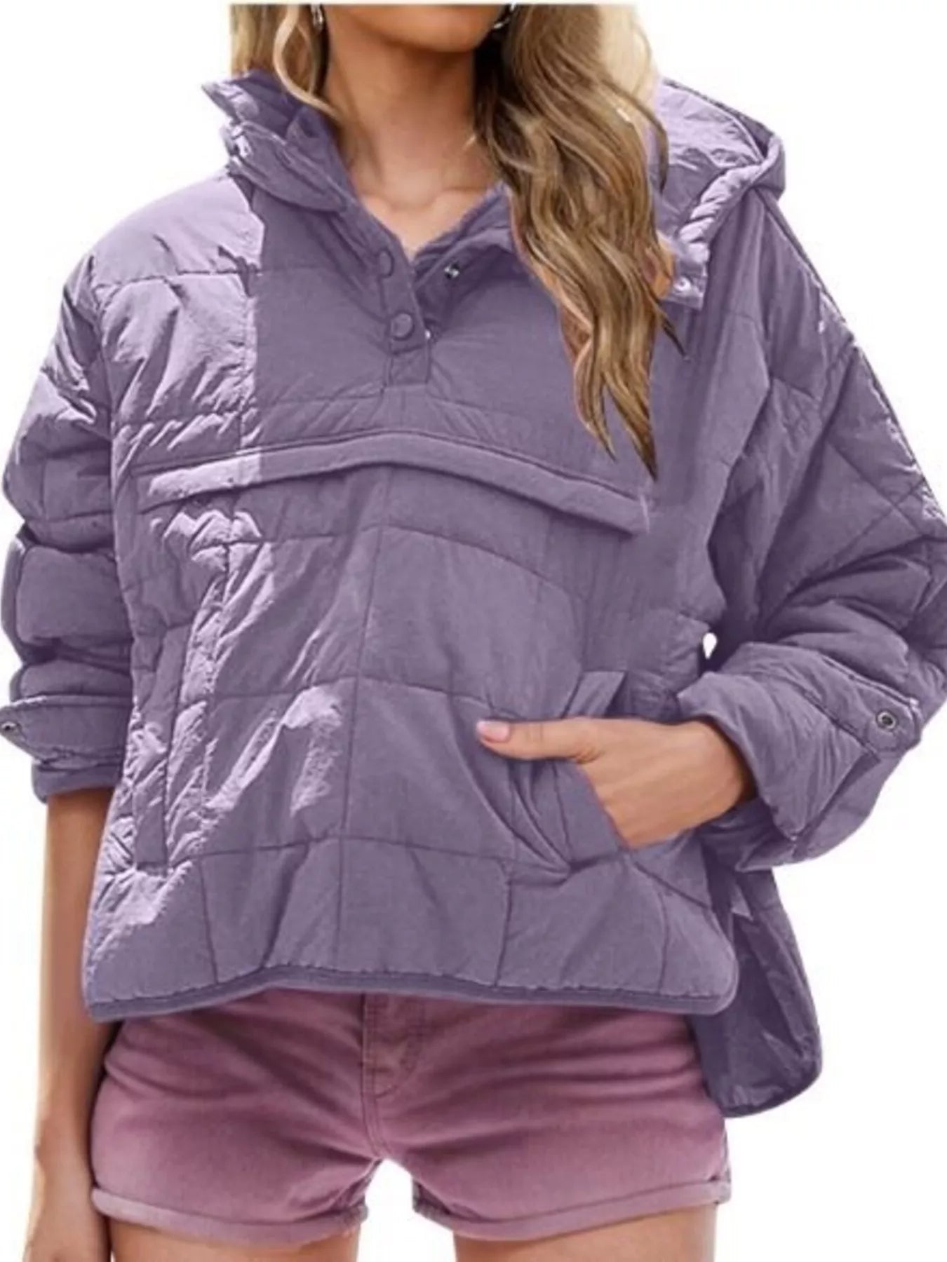 Full Size Quarter Snap Hooded Puffer Top Plus Size