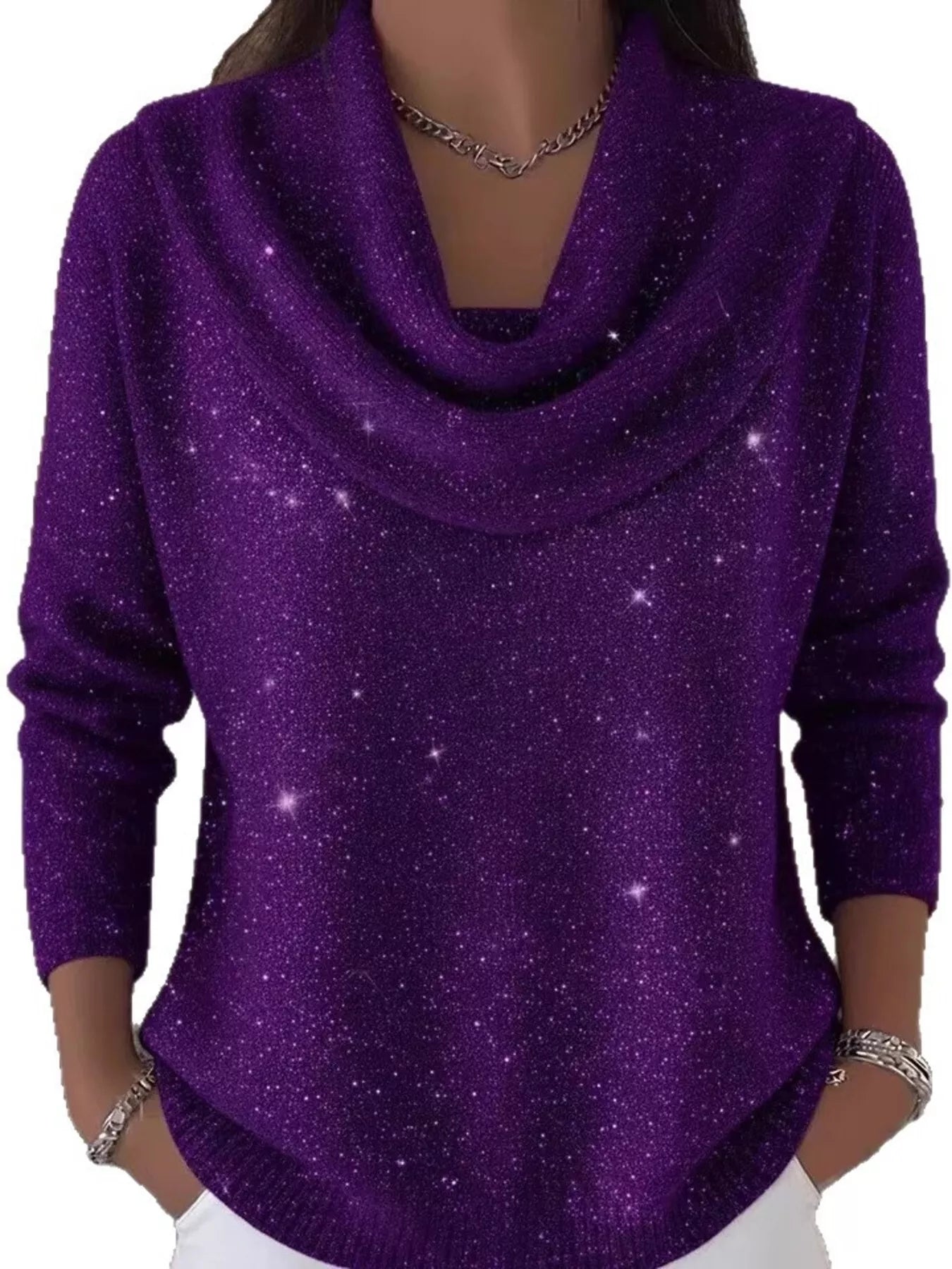Full Size Glitter Cowl Neck Long Sleeve Sweater Plus Size