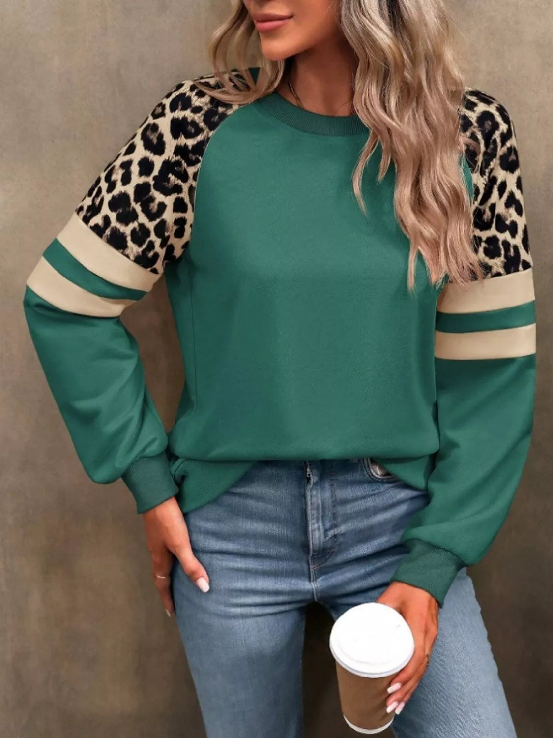 Leopard Raglan Sleeve Striped Sweatshirt