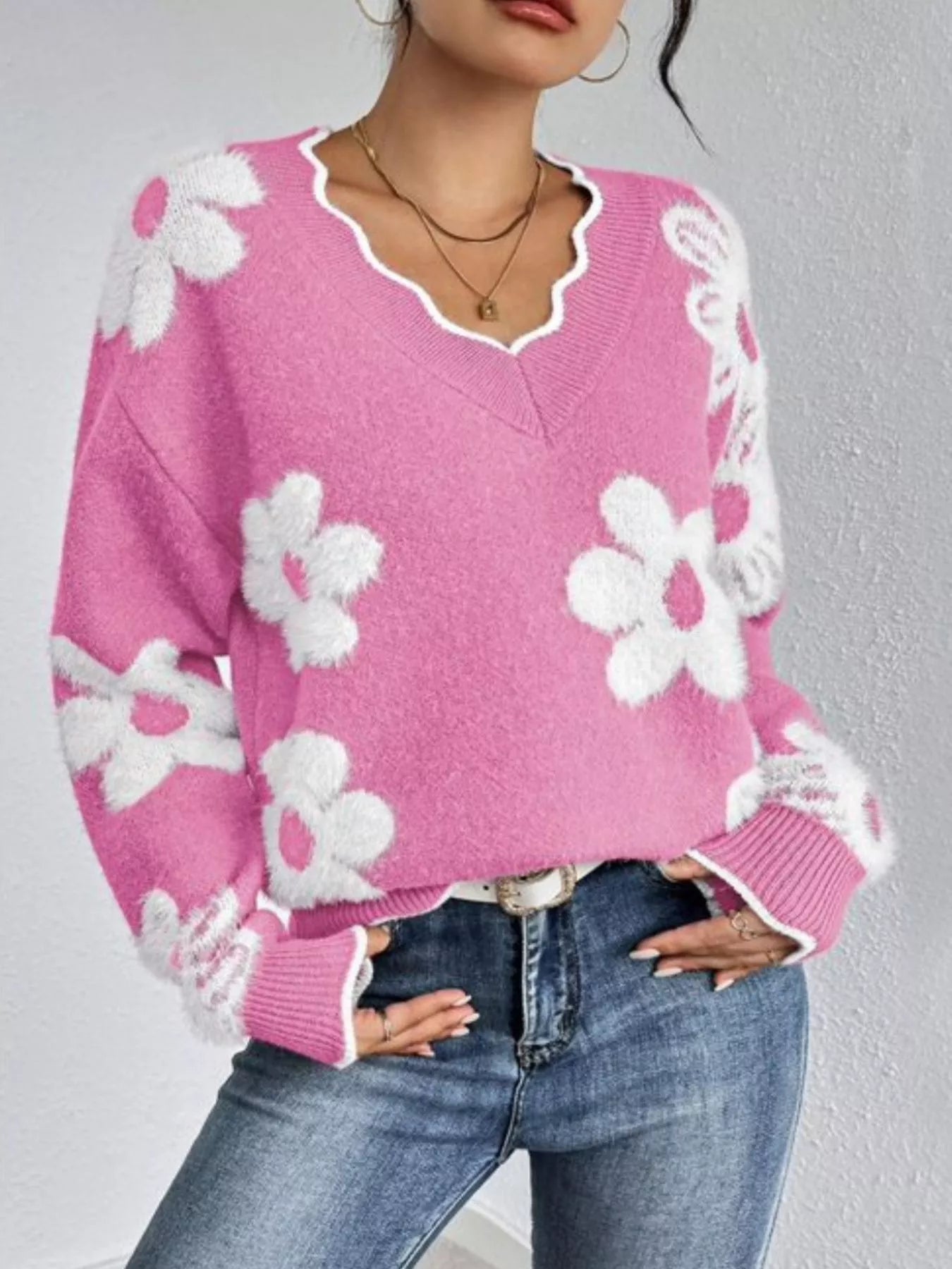 Floral V-Neck Long Sleeve Sweater
