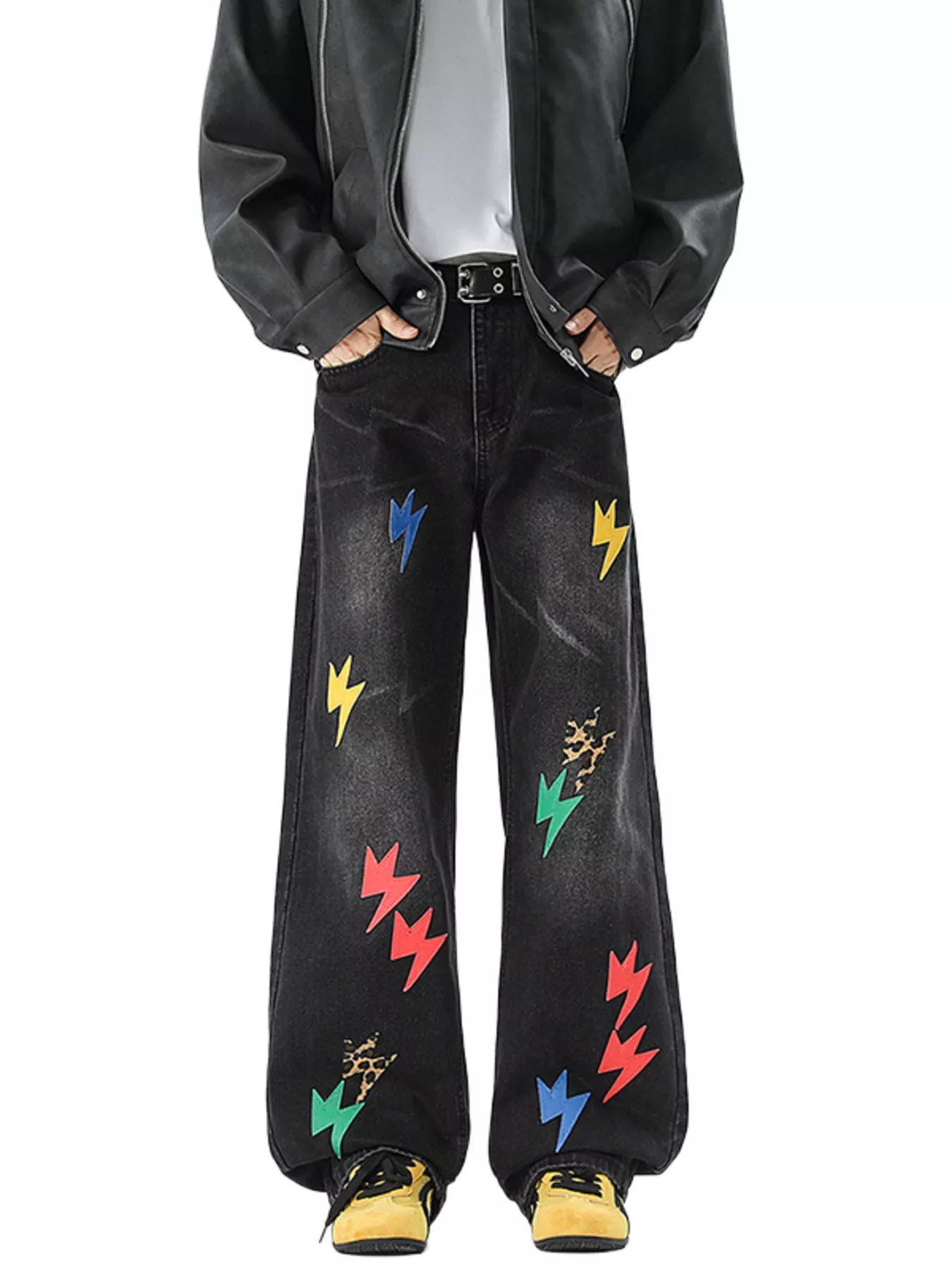 Men's Full Size Lightning Bolt Print Wide Leg Jeans Plus Size