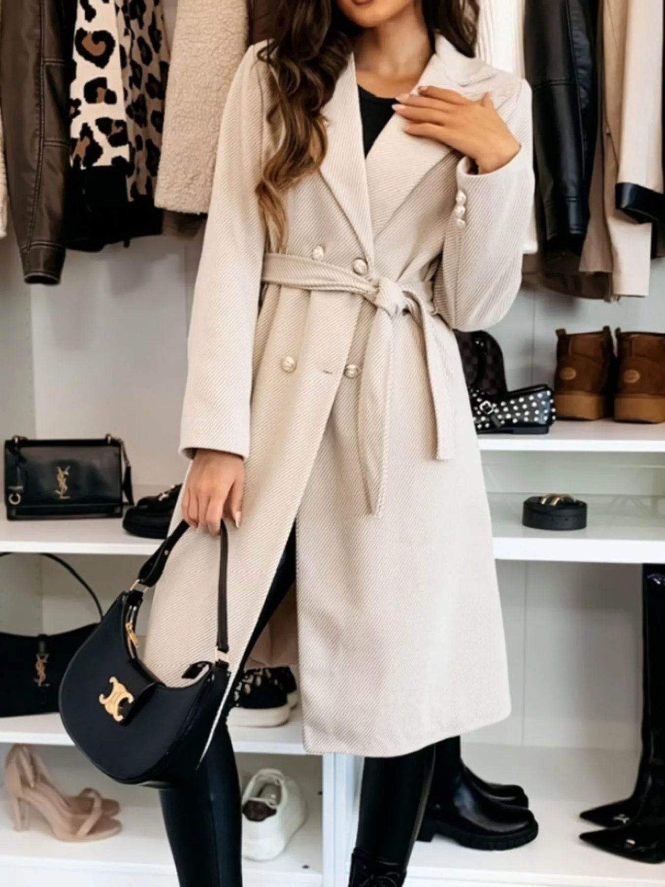 Double-Breasted Tie Waist Overcoat