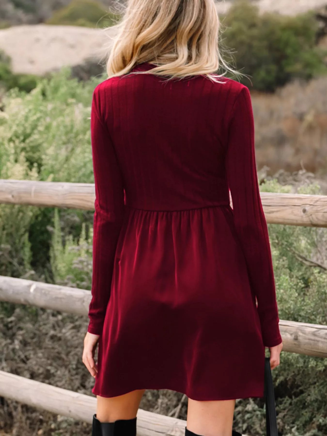 Frilled Neck Ribbed Knit Patchwork Long Sleeve Mini Dress