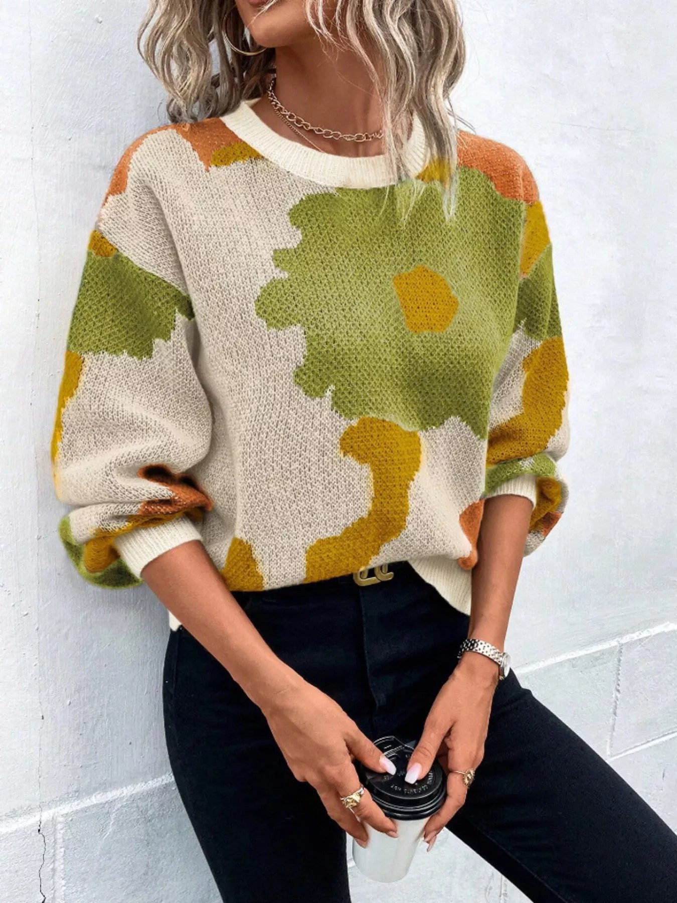 Floral Pattern Round Neck Sweater