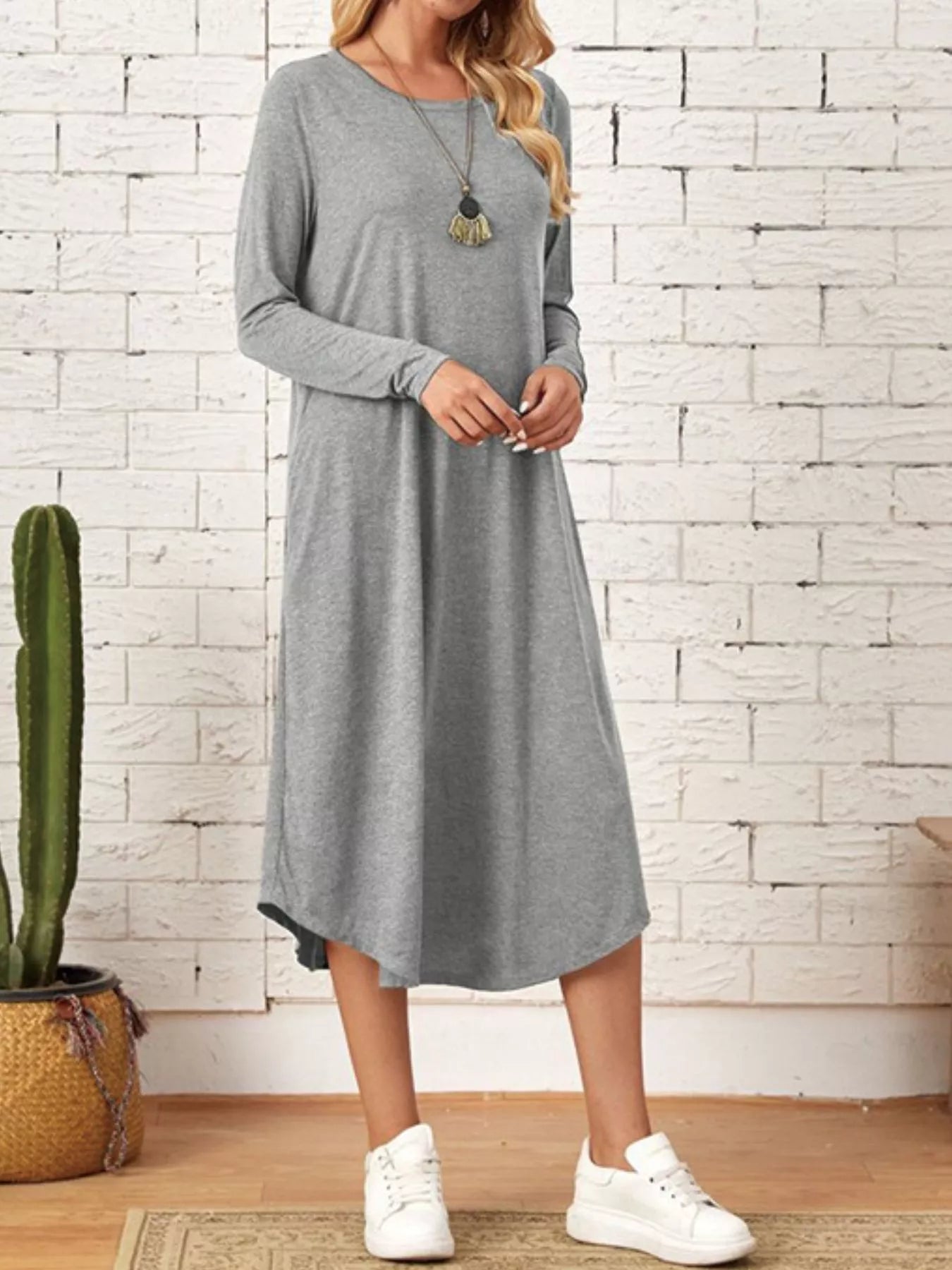 Casual Long Sleeve Pocket Midi Dress