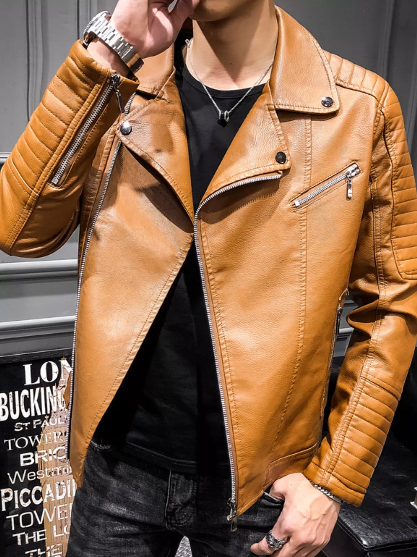 Men's Plus Size Zip Up Faux Leather Biker Jacket