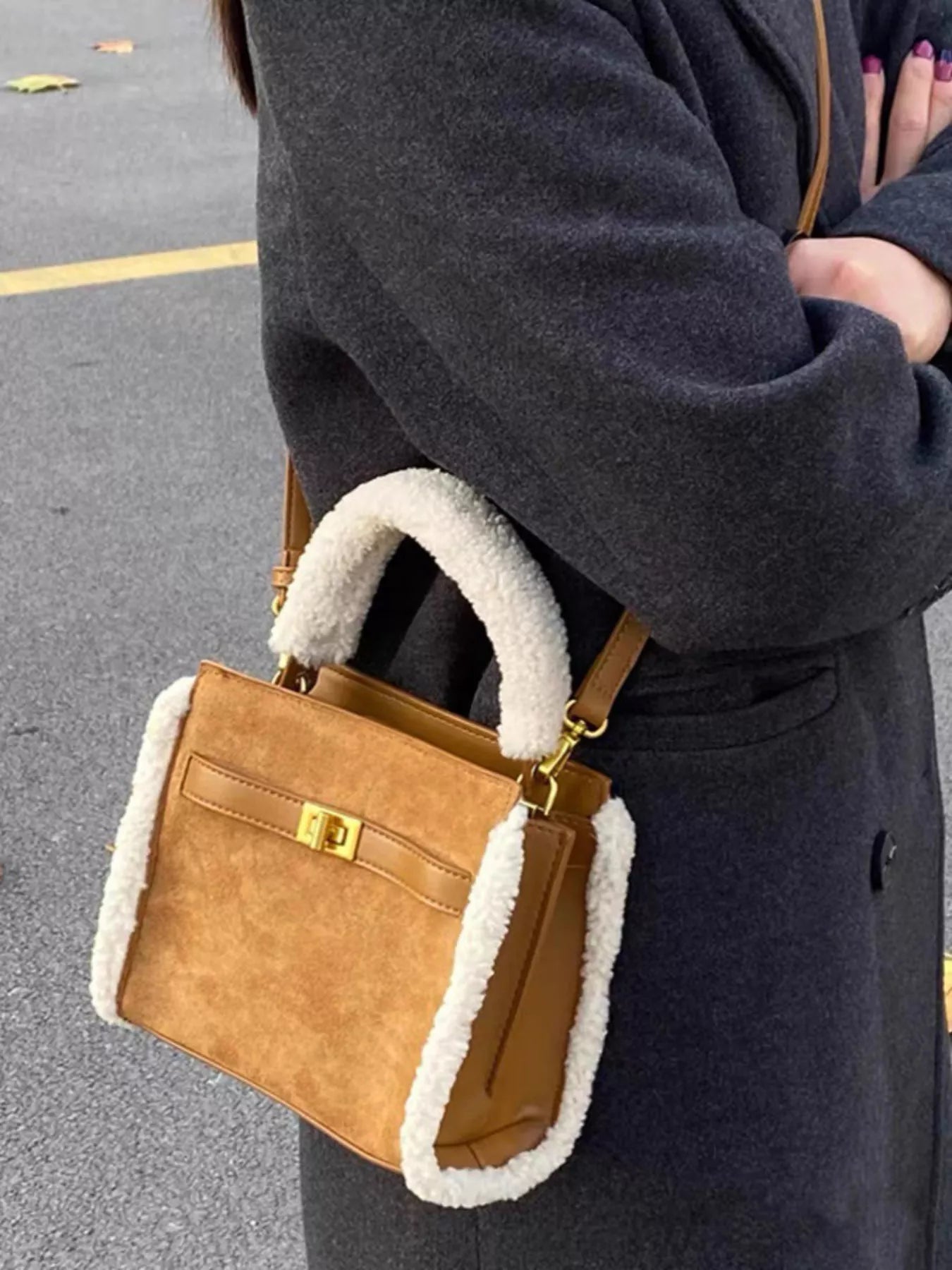 Sherpa Trim Suede Crossbody Bag