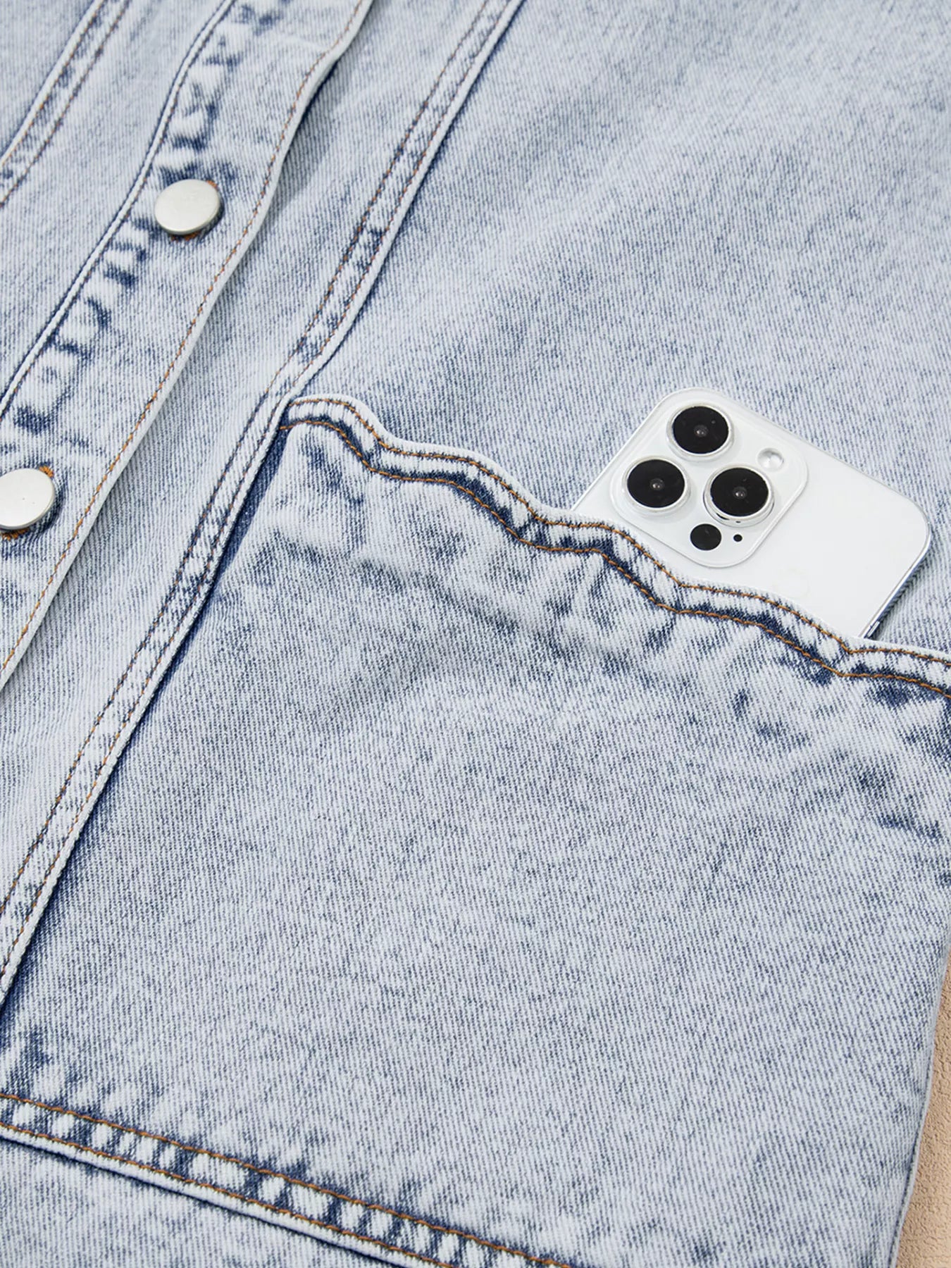 Scalloped Trim Patch Pocket Button Front Denim Vest