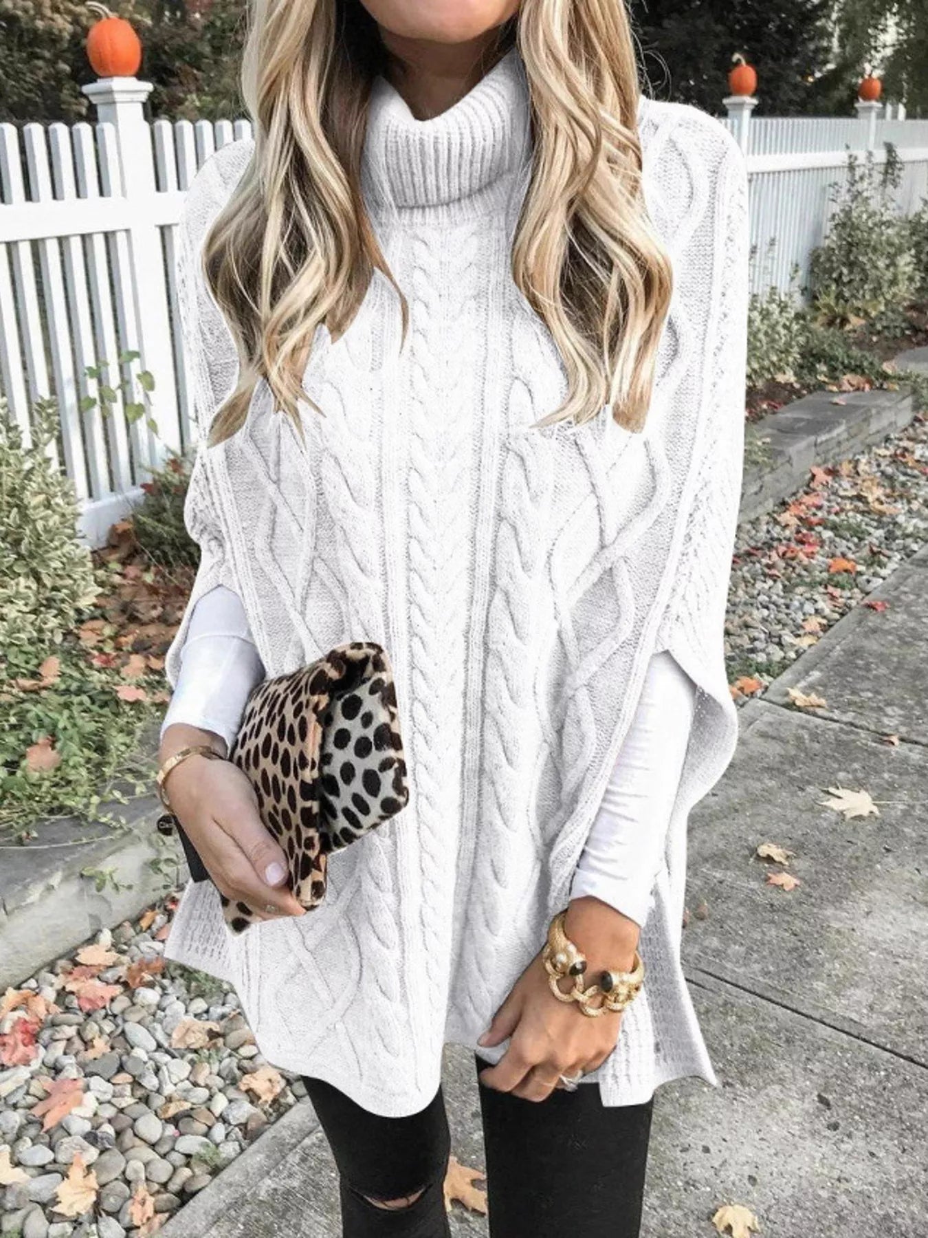 Chunky Cable Knit Turtleneck Poncho Cover Up
