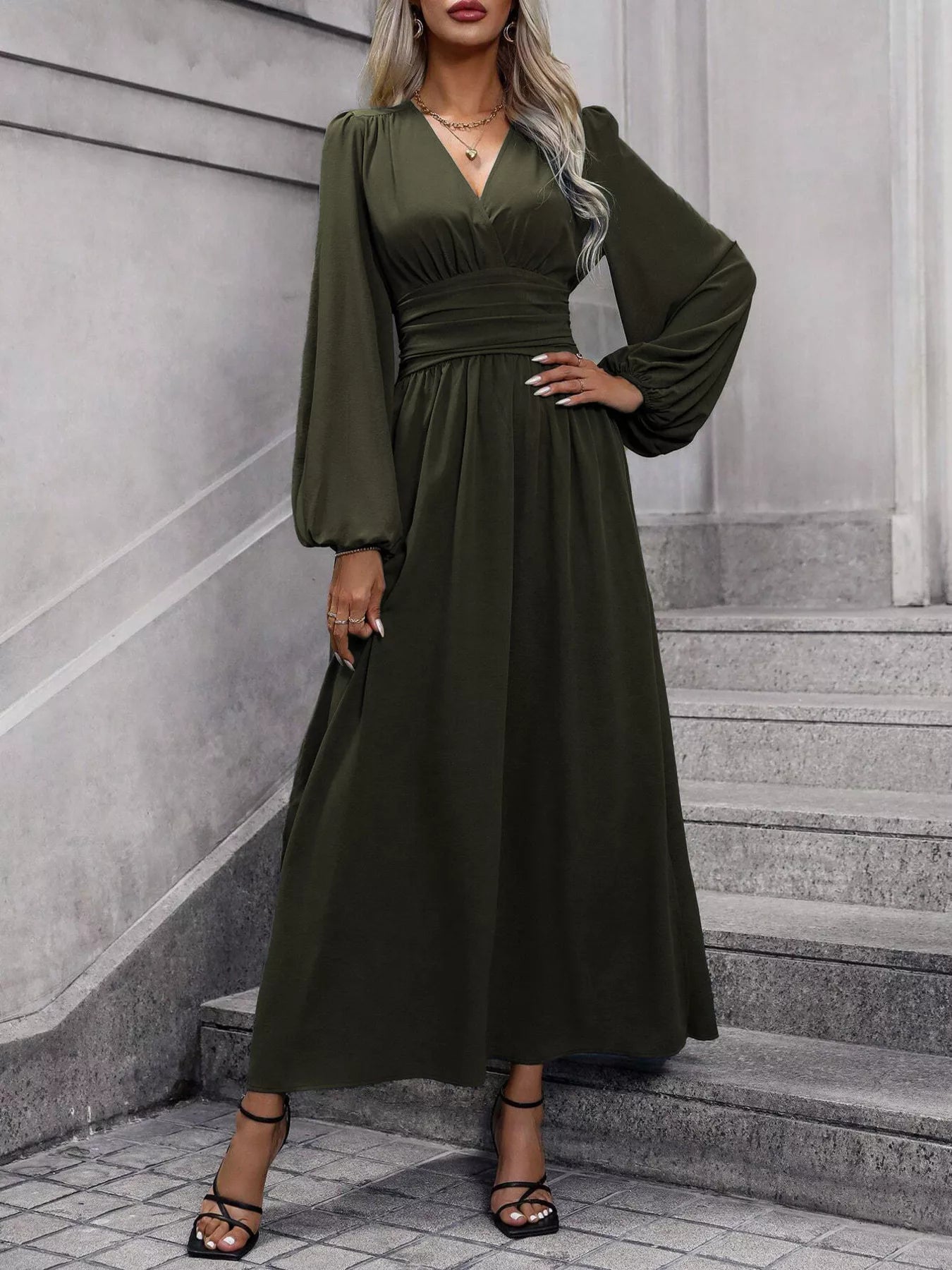 Slit Balloon Sleeve Midi Dress