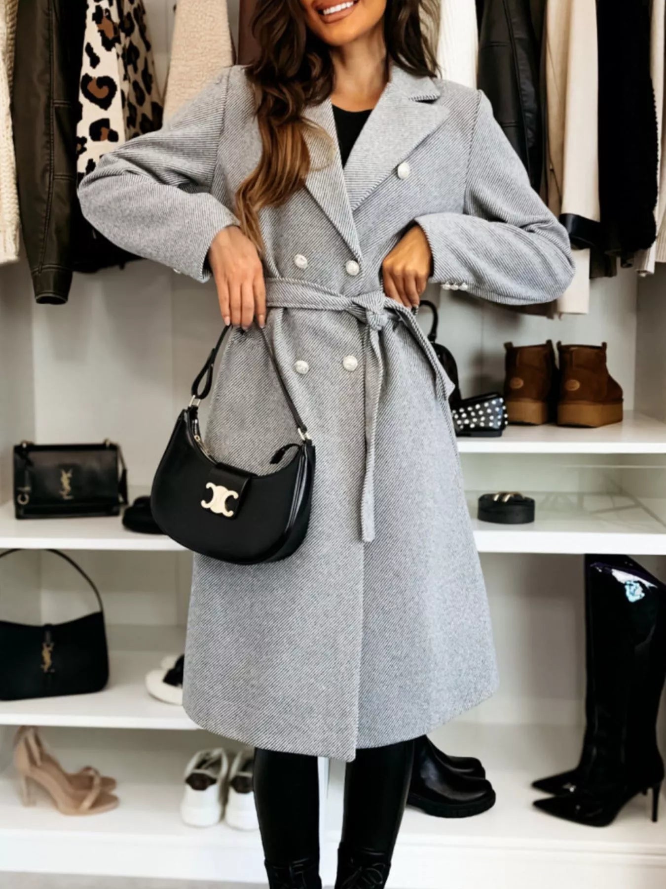 Double-Breasted Tie Waist Overcoat