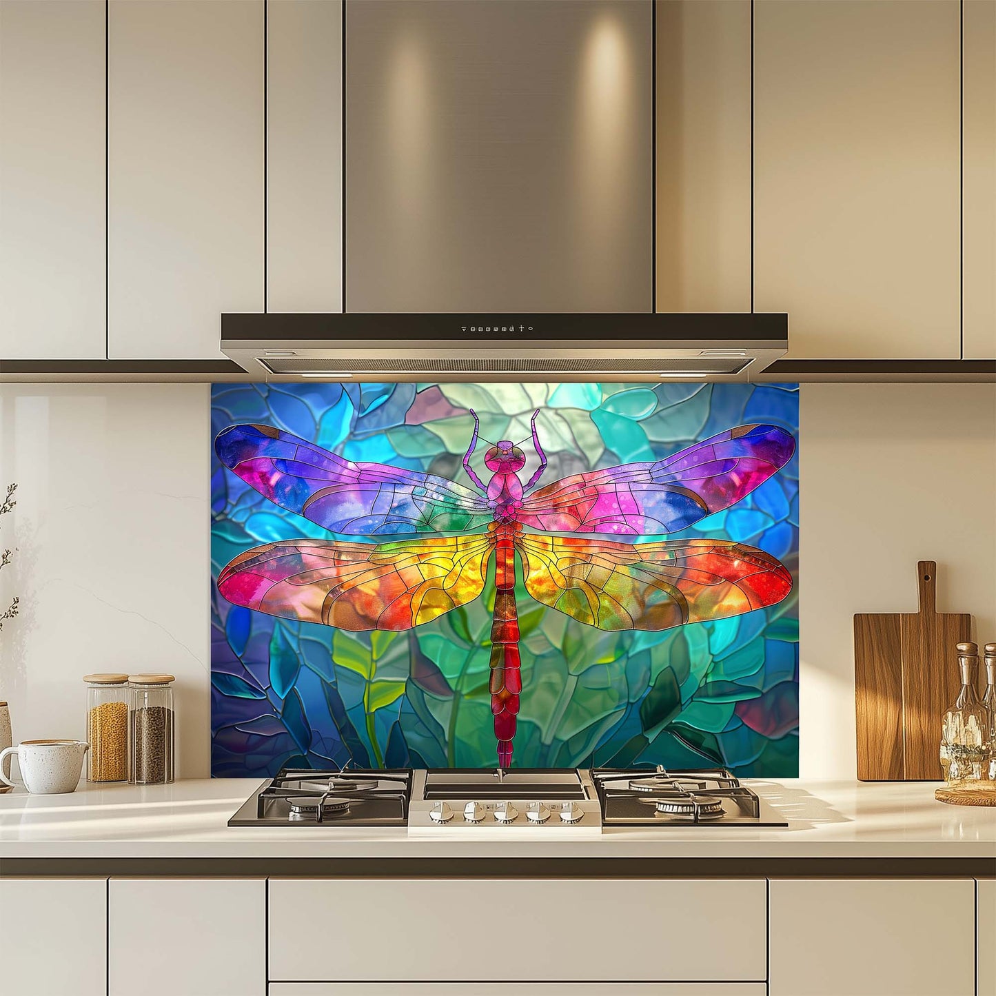 Rainbow Dragonfly – Tempered Glass Backsplash for Kitchen – Stained Glass Look Splashback