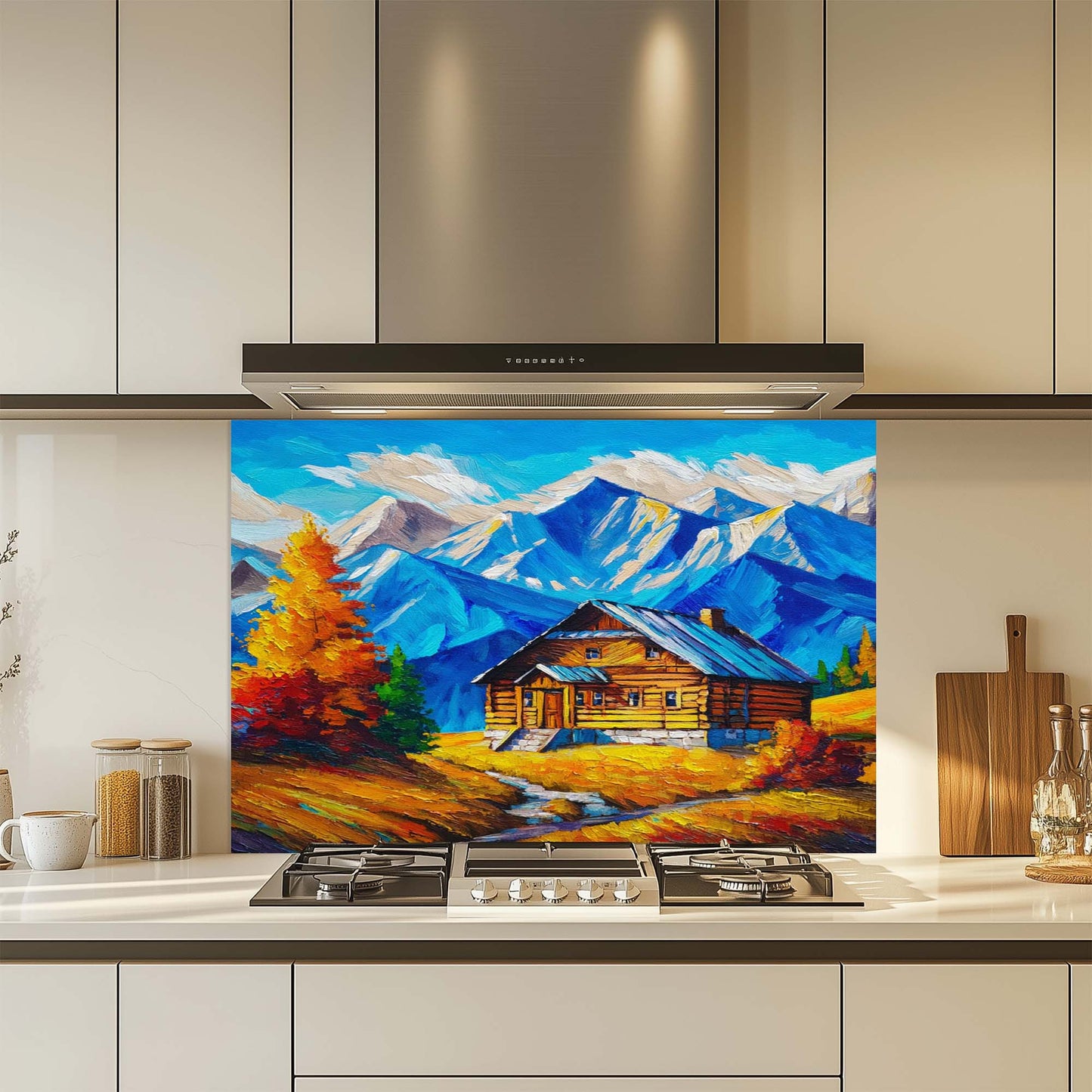 Mountain Cabin Glow – Tempered Glass Backsplash for Kitchen | Rustic Cabin Backsplash