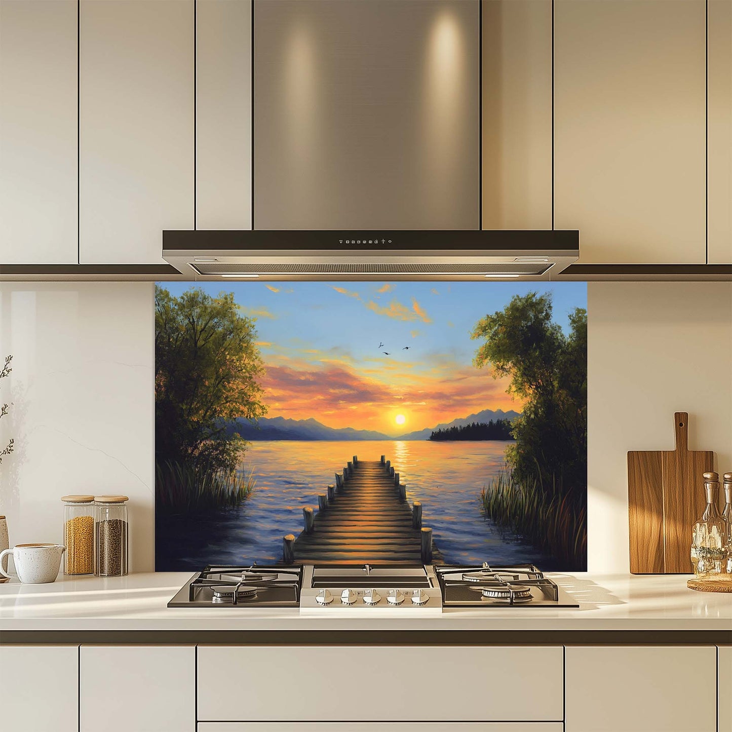 Golden Dock – Tempered Glass Backsplash for Kitchen Stove | Lakeside Sunset Backsplash