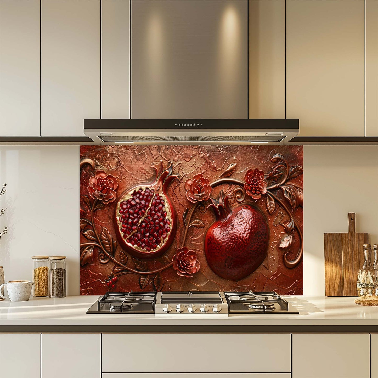 Crimson Bloom – Tempered Glass Backsplash | Rich Red Pomegranate Kitchen Backsplash