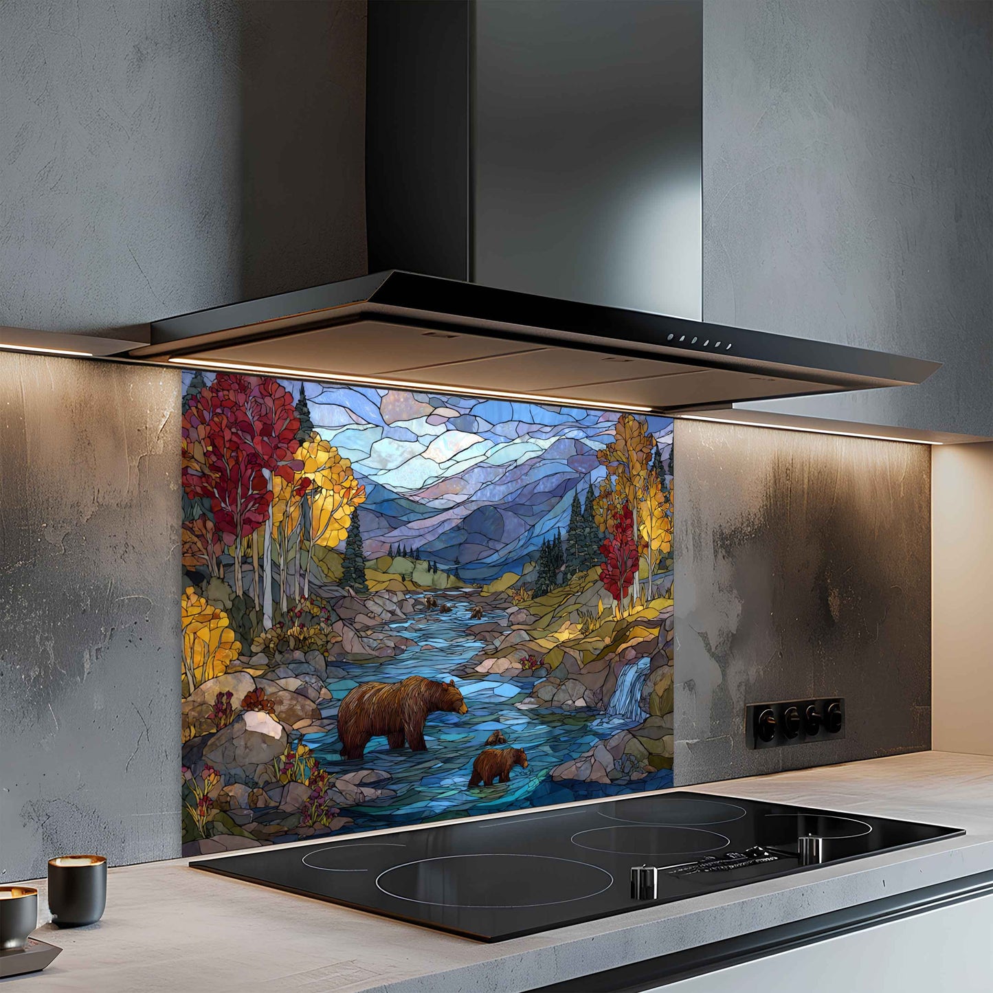 Autumn River – Tempered Glass Backsplash With Bear Family And Fall Trees