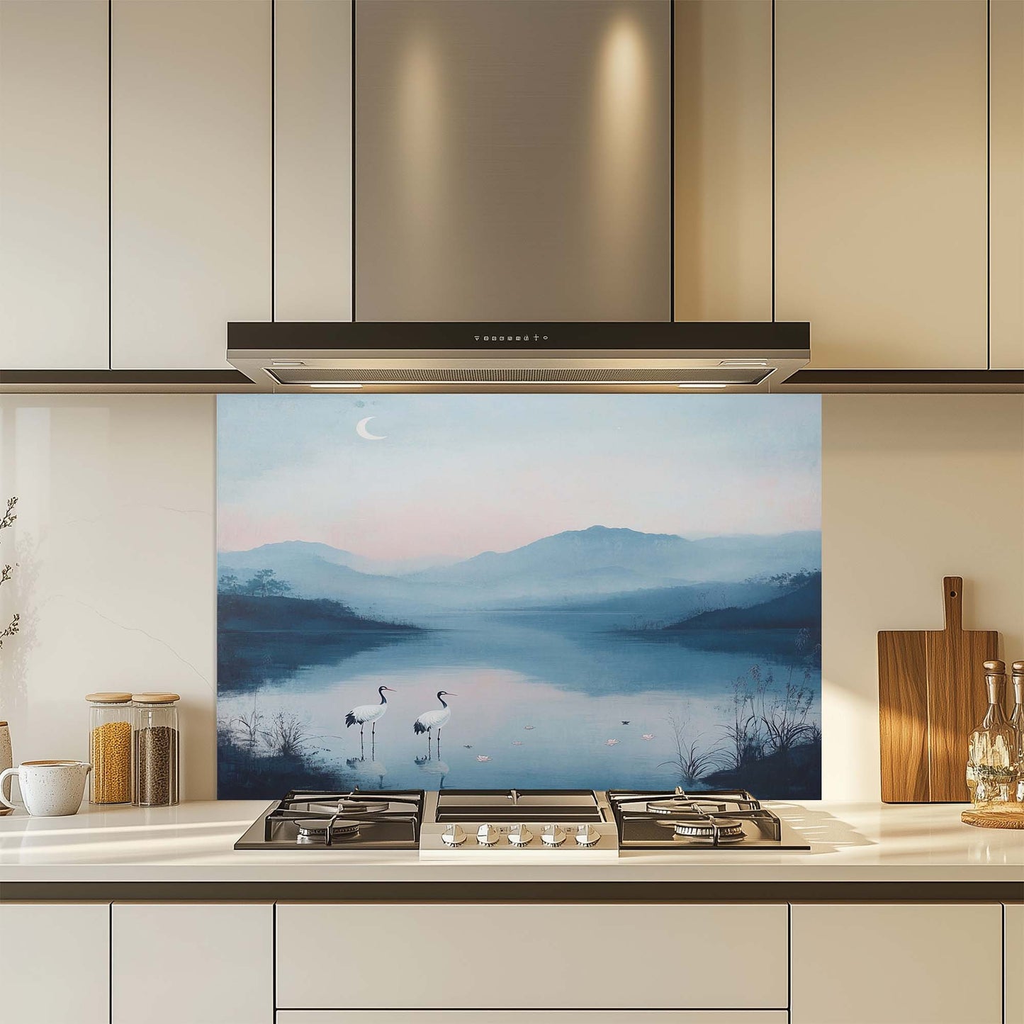 Moon Cranes – Tempered Glass Backsplash for Kitchen | Serene Lake Landscape Backsplash