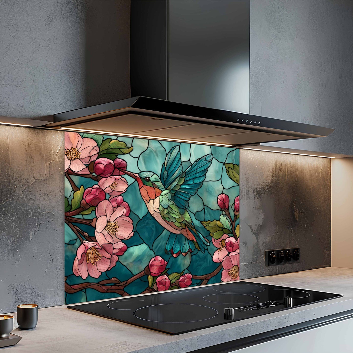 Blossom Nectar – Tempered Glass Kitchen Backsplash with Hummingbird