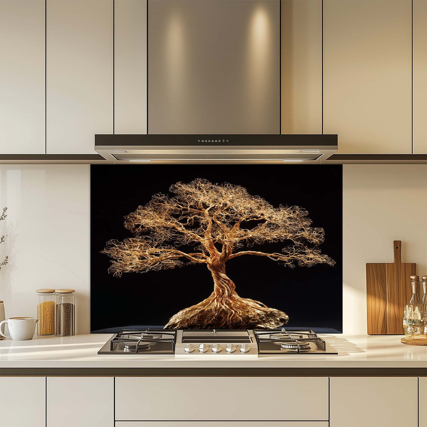 Golden Root – Tempered Glass Backsplash for Kitchen | Tree of Life in Gold Wire Style Backsplash