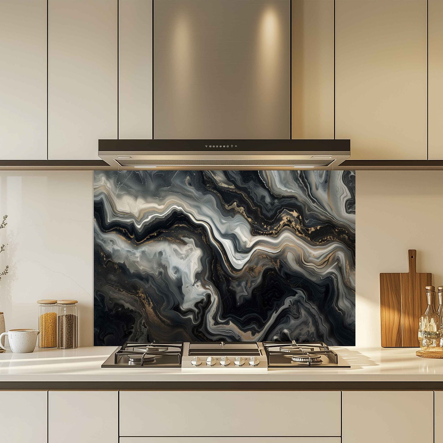 Glass Kitchen Backsplash – Black Gold Marble Flow Abstract Splashback