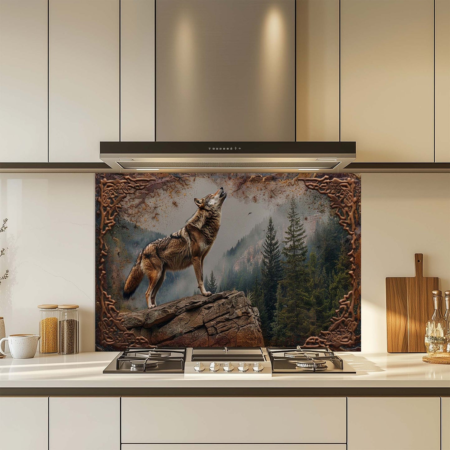 Howl Spirit – Tempered Glass Backsplash for Kitchen | Wolf and Forest Landscape Backsplash