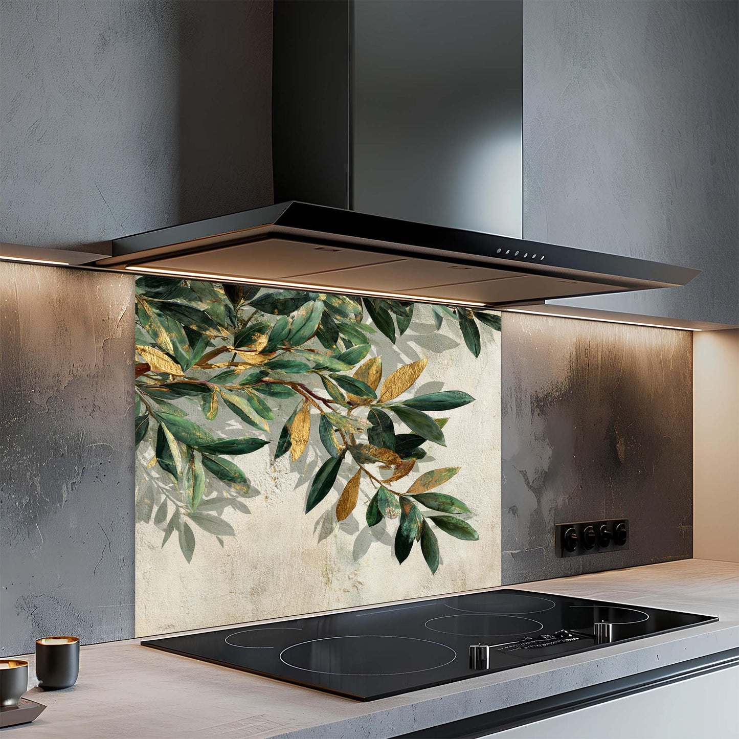 Golden Olive – Tempered Glass Backsplash for Kitchen – Botanical Kitchen Splashback