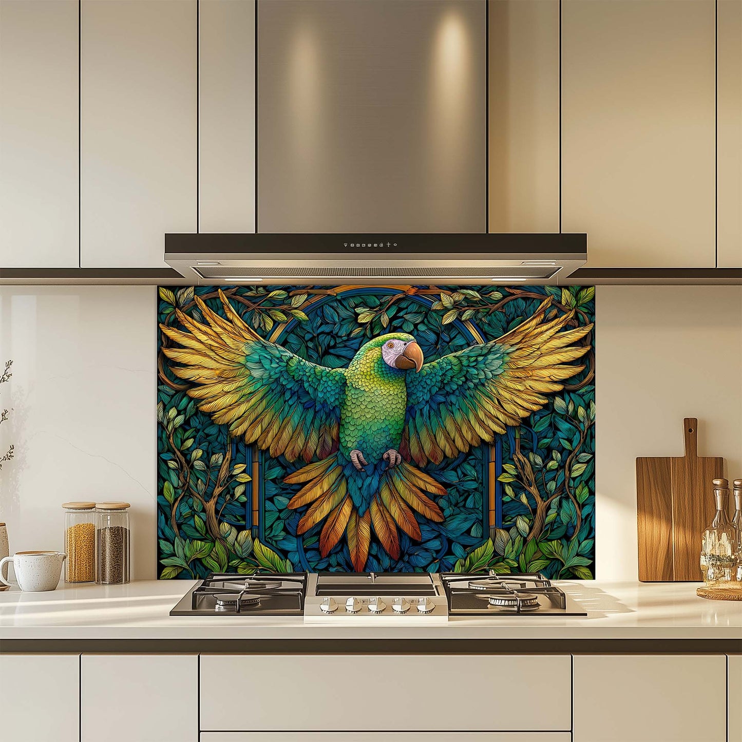 Verdant Flight – Tempered Glass Backsplash for Kitchen Stove | Parrot Mosaic Backsplash