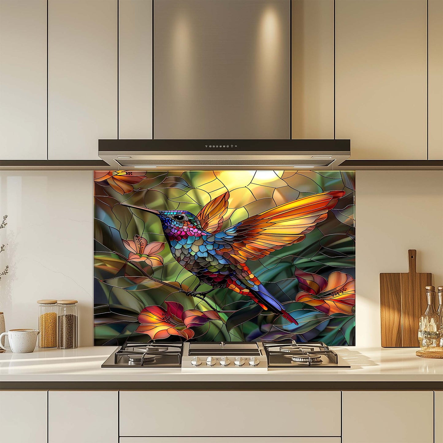 Tropical Hummingbird – Tempered Glass Backsplash for Kitchen | Colorful Bird Backsplash