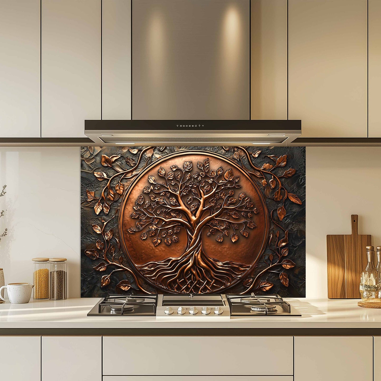 Custom Kitchen Backsplash – Copper Look Tree Tempered Glass Stove Backsplash