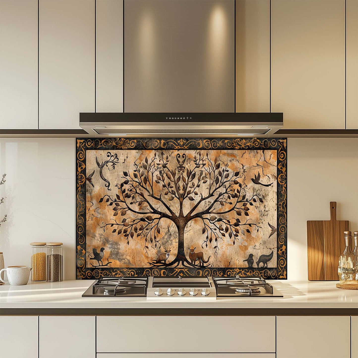 Golden Paws – Tempered Glass Backsplash for Kitchen | Tree of Life with Animals Backsplash