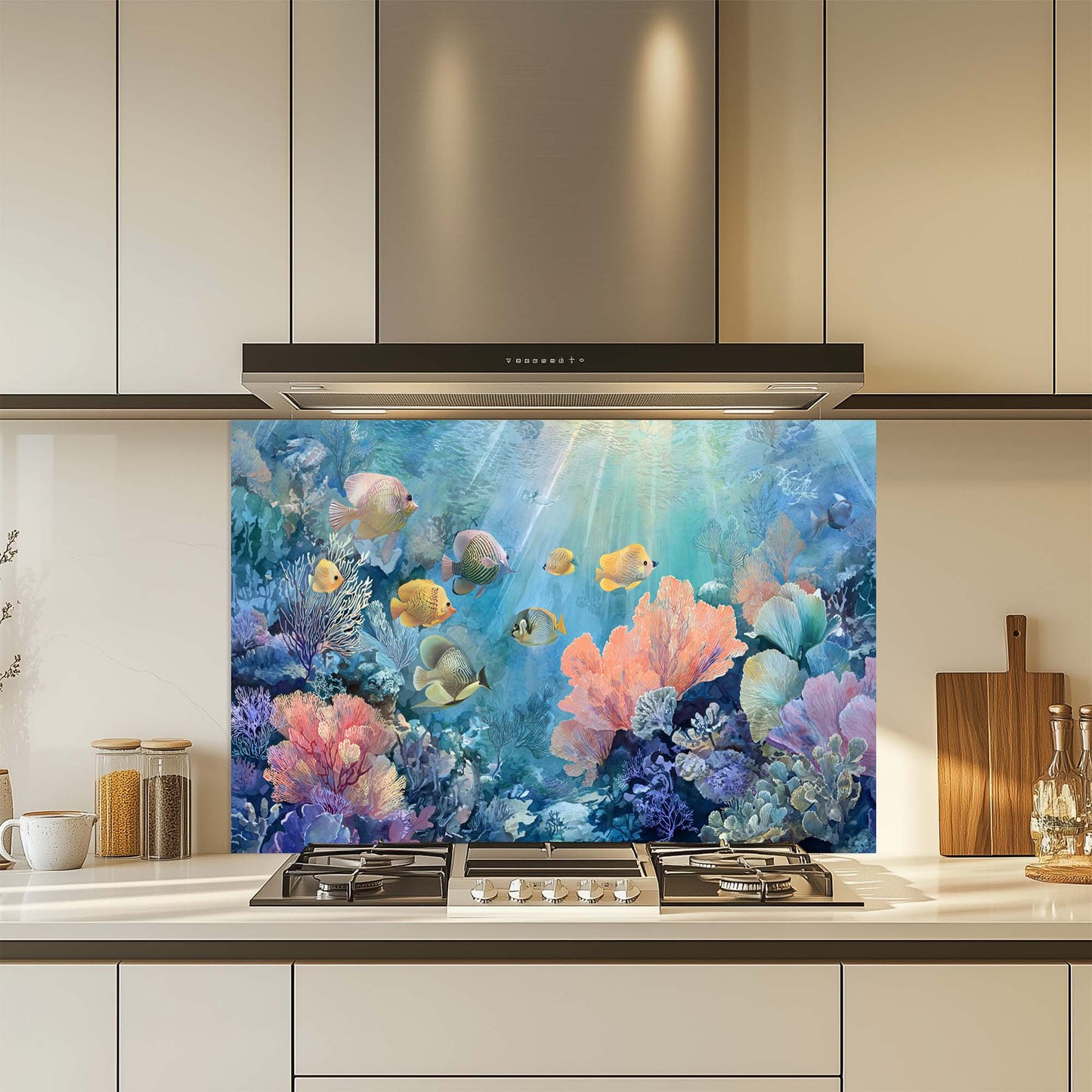 Aqua Garden – Tempered Glass Backsplash for Kitchen | Vibrant Ocean Fantasy Backsplash