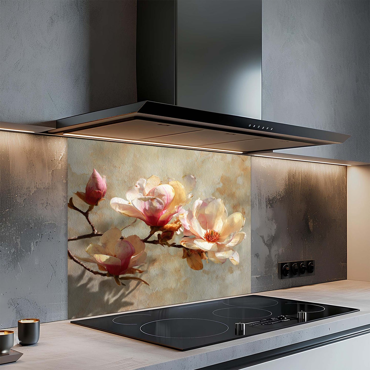 Golden Magnolia – Tempered Glass Backsplash for Kitchen – Vintage Floral Splashback