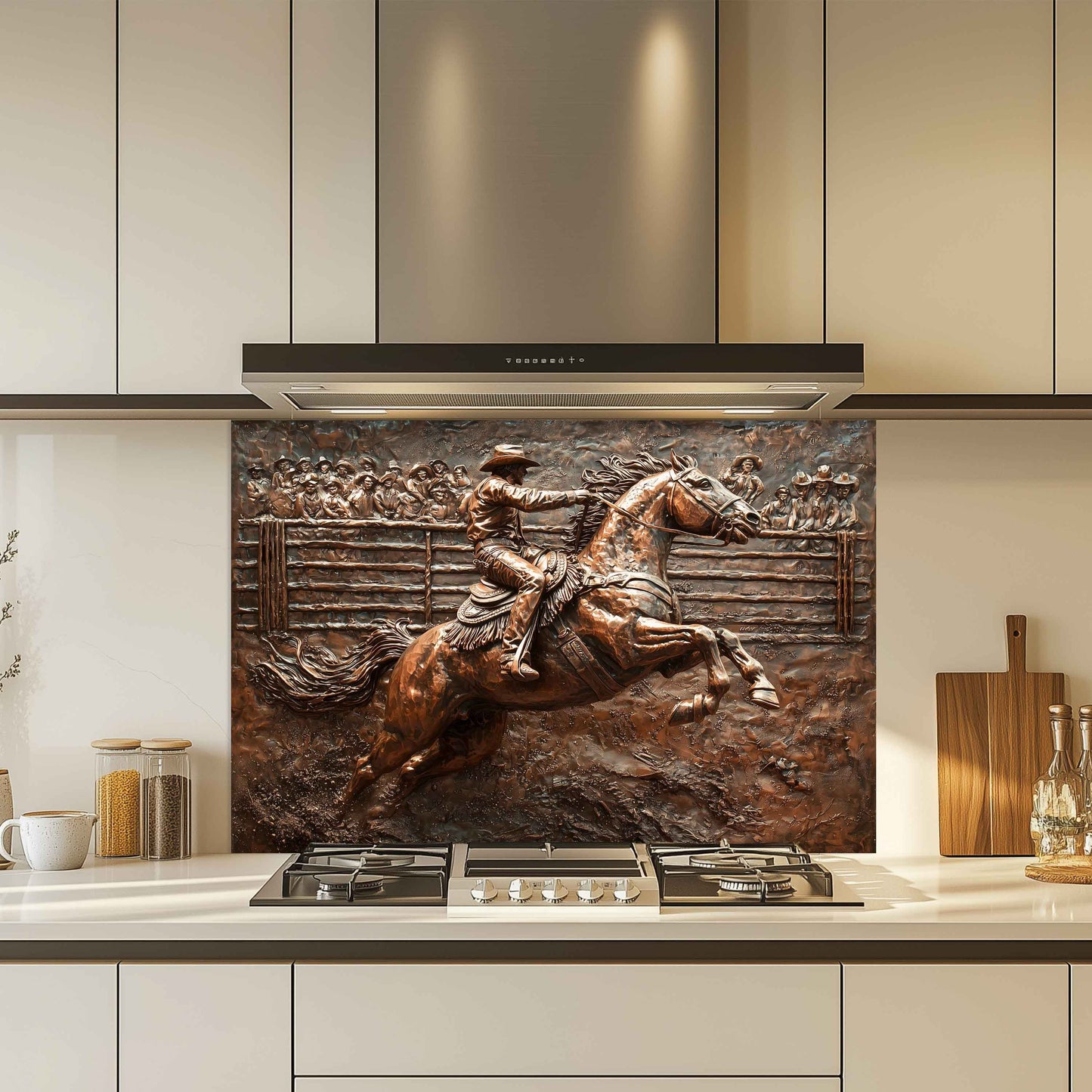 Western Tempered Glass Backsplash for Kitchen | Copper-Look Cowboy & Rodeo Scene