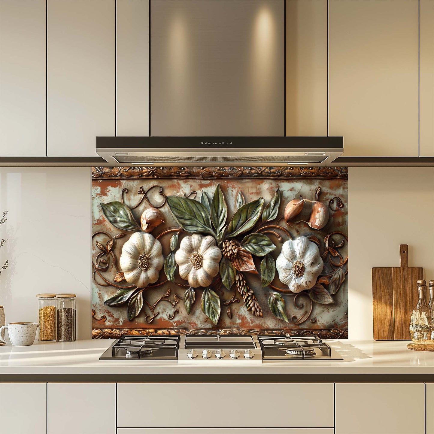 Tuscan Garlic Garden Tempered Glass Backsplash for Kitchen | Garlic & Leaf Backsplash