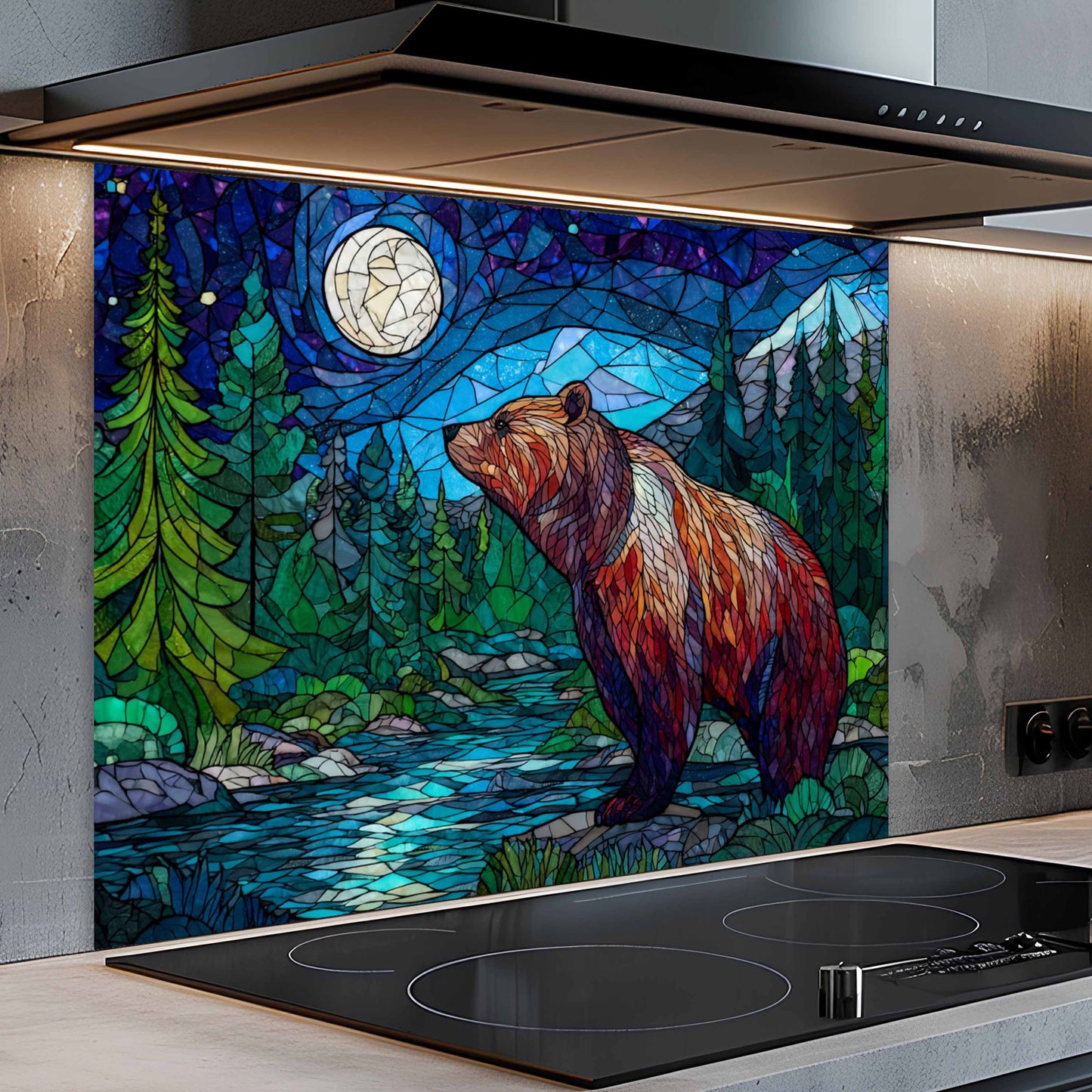 Moonlit Strength Kitchen Backsplash – Mosaic Stained Glass Look Bear Night Scene