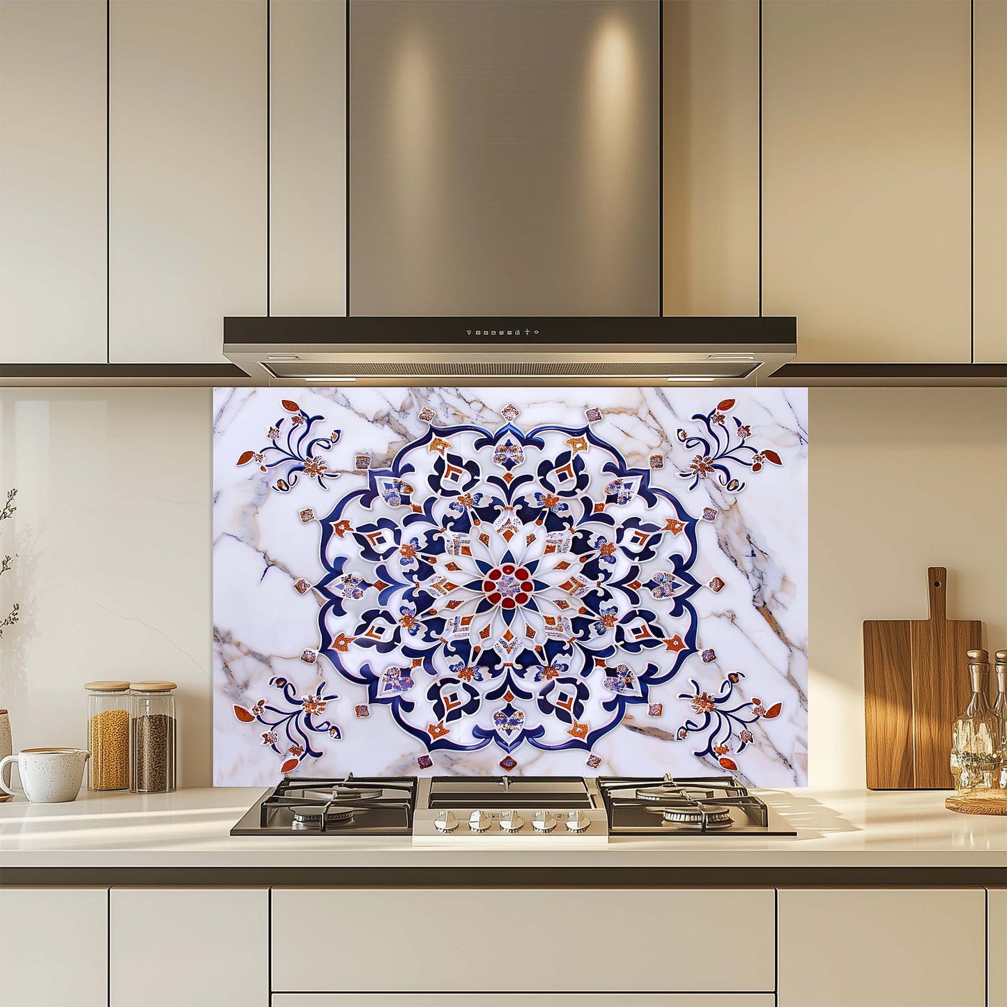Imperial Mosaic – Tempered Glass Backsplash for Kitchen – Blue & Gold Mandala Splashback