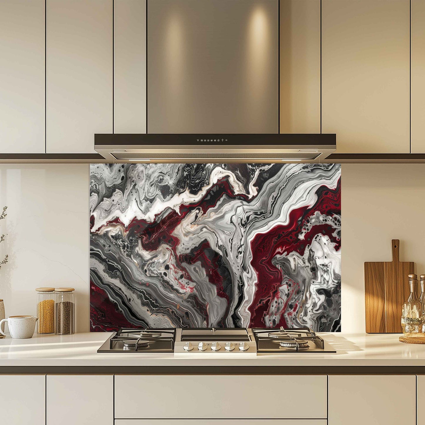 Glass Kitchen Backsplash – Red Black Marble Abstract Splashback for Stove