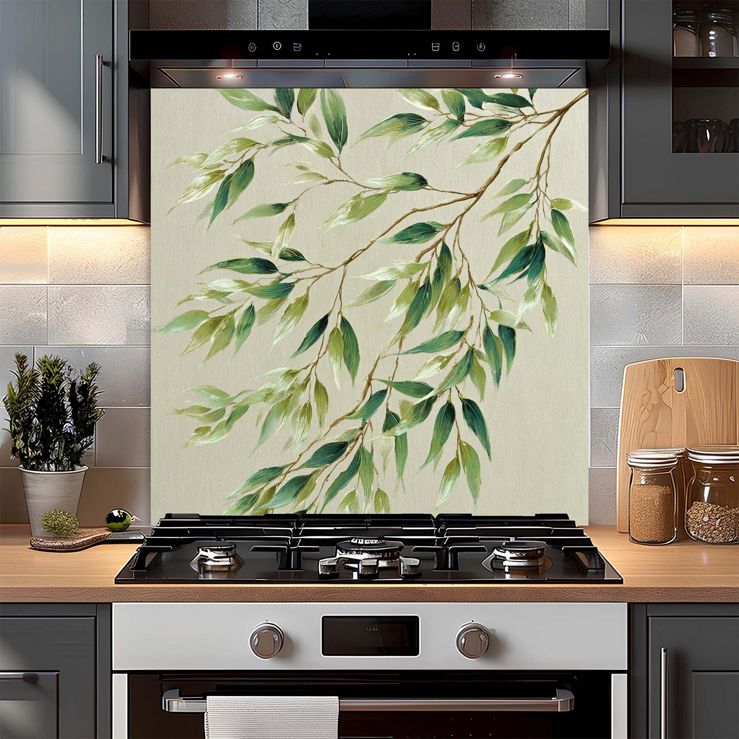 Olive Whisper – Tempered Glass Backsplash for Kitchen – Green Botanical Splashback