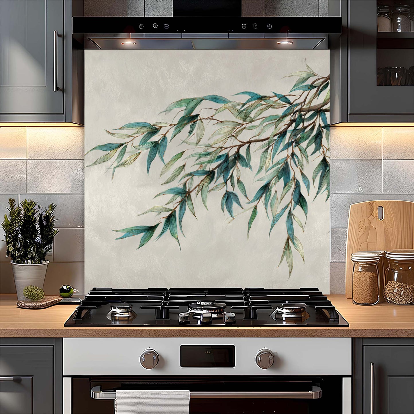 Willow Breeze – Tempered Glass Backsplash for Kitchen – Botanical Leaf Kitchen Splashback