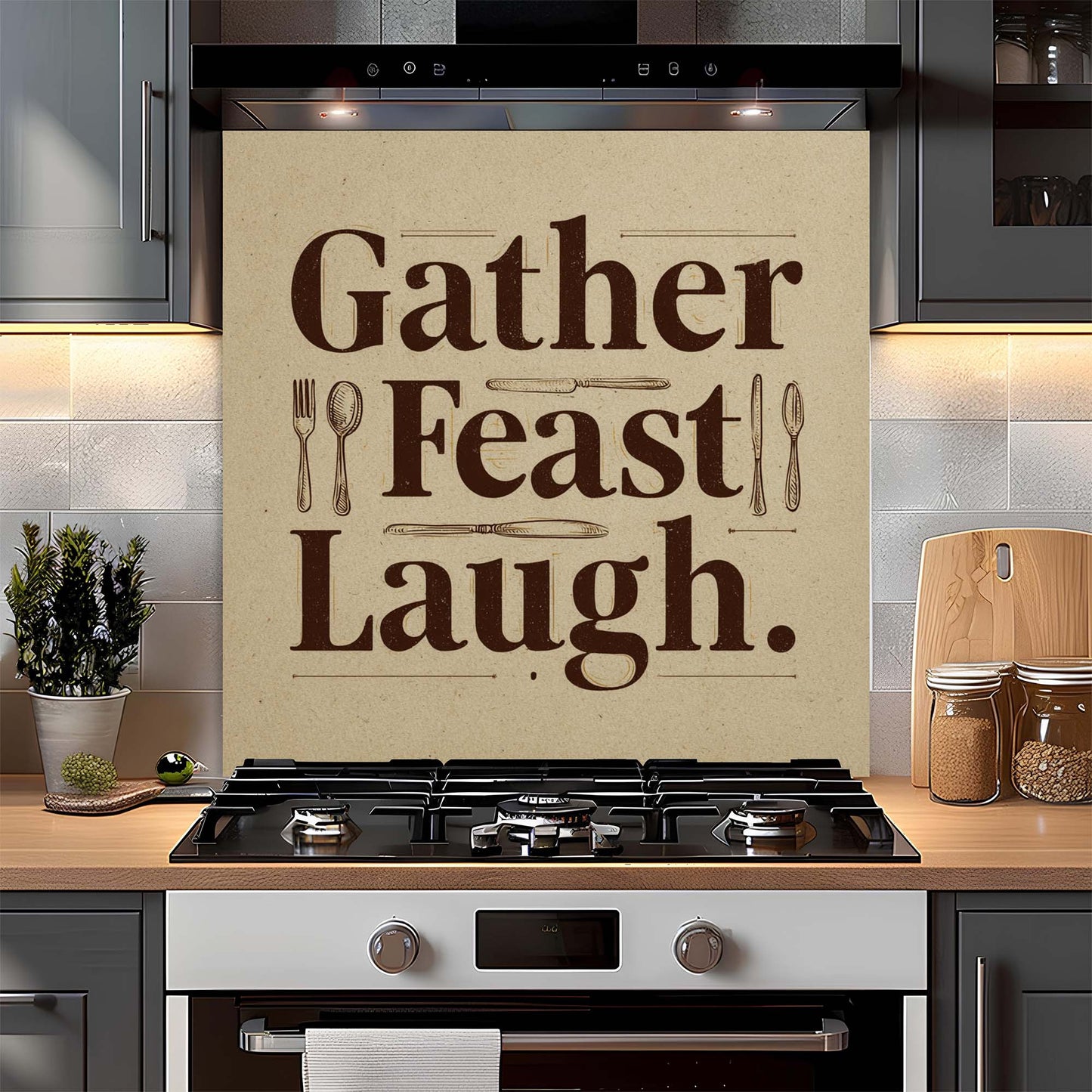 Gather Feast Laugh – Tempered Glass Backsplash for Kitchen – Dining Quote Splashback