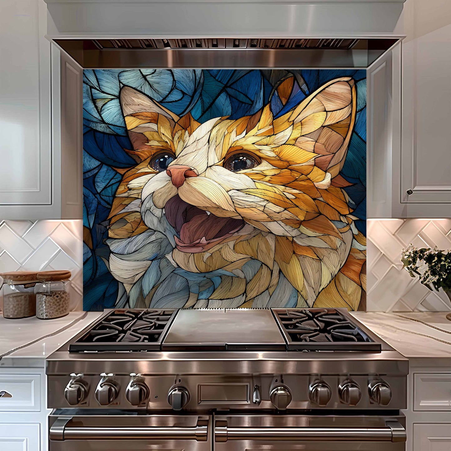 Whisker Joy Tempered Glass Backsplash – Mosaic Look Cat Art for Kitchen