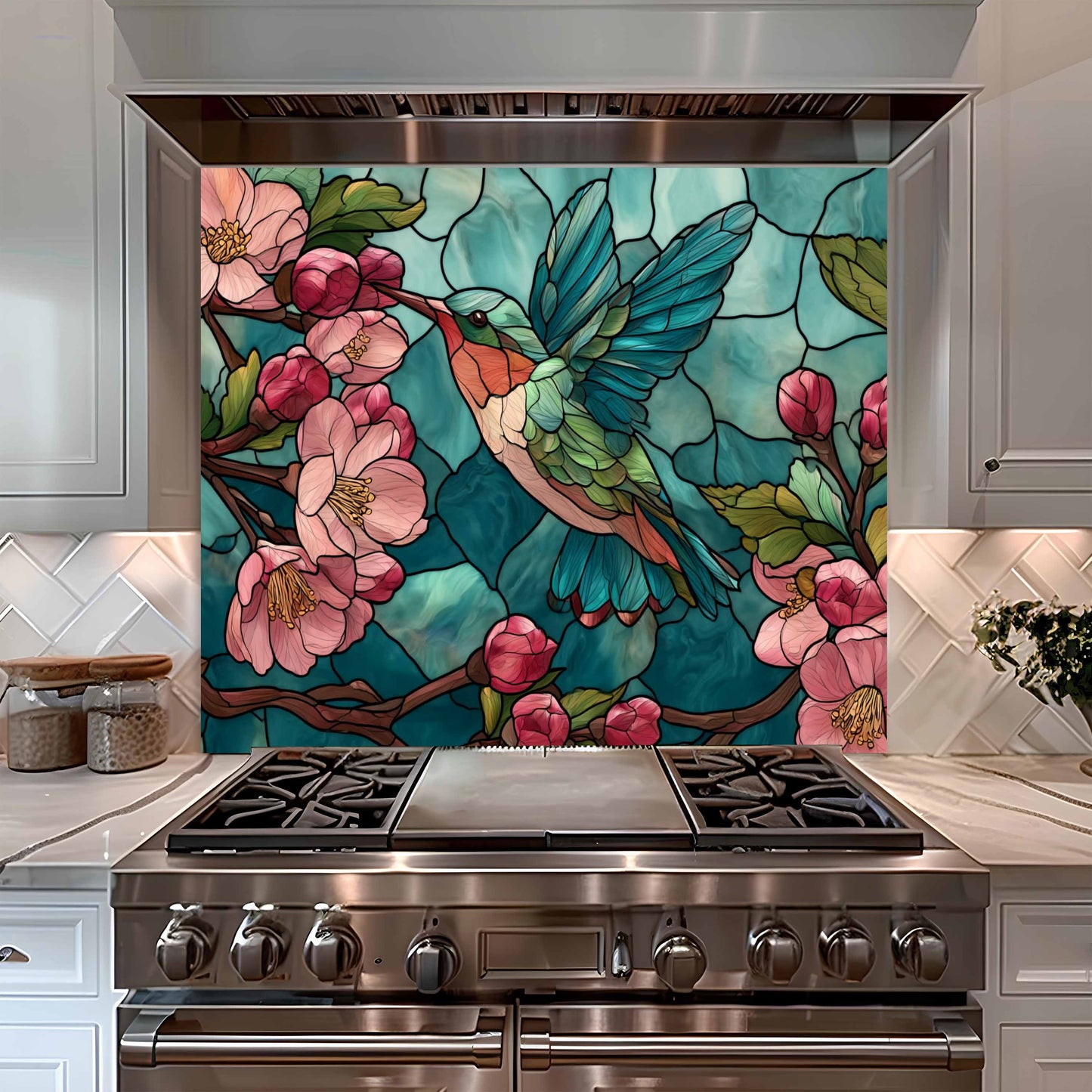 Blossom Nectar – Tempered Glass Kitchen Backsplash with Hummingbird