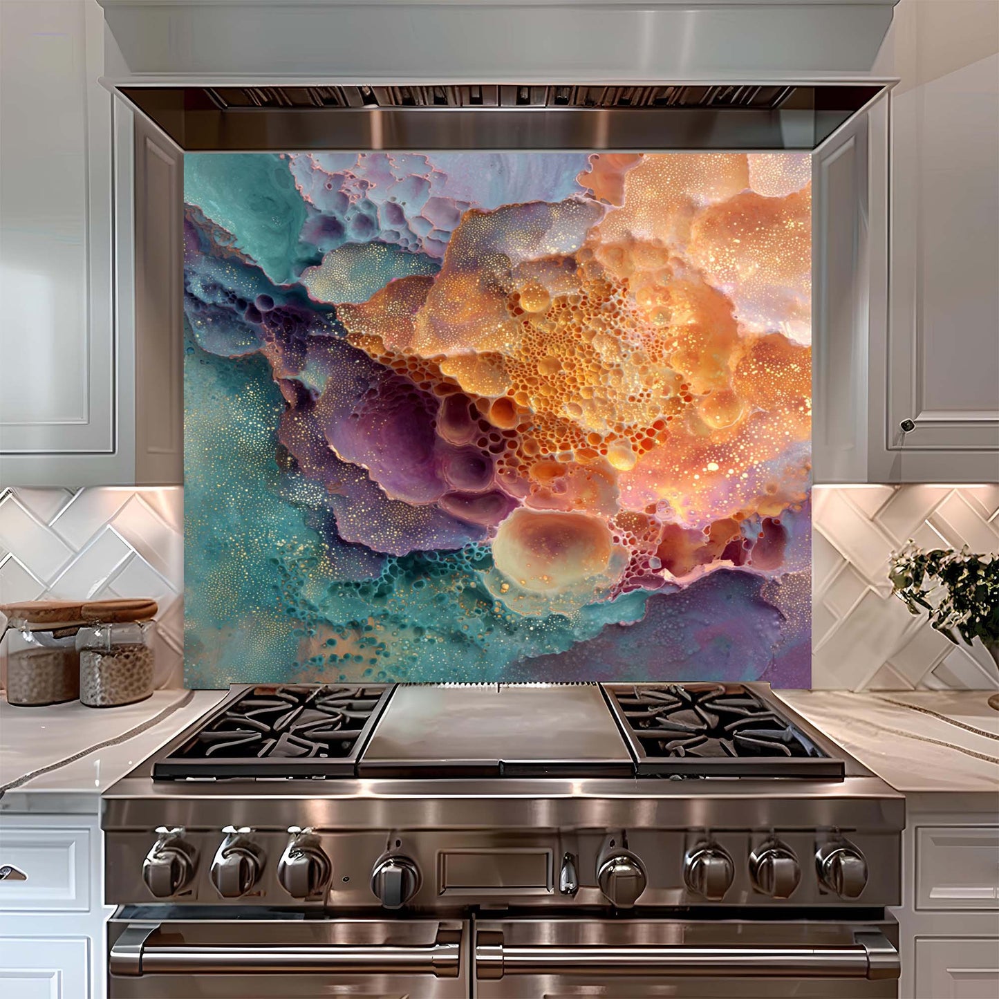 Cosmic Foam – Tempered Glass Backsplash for Kitchen | Nebula Color Explosion Backsplash