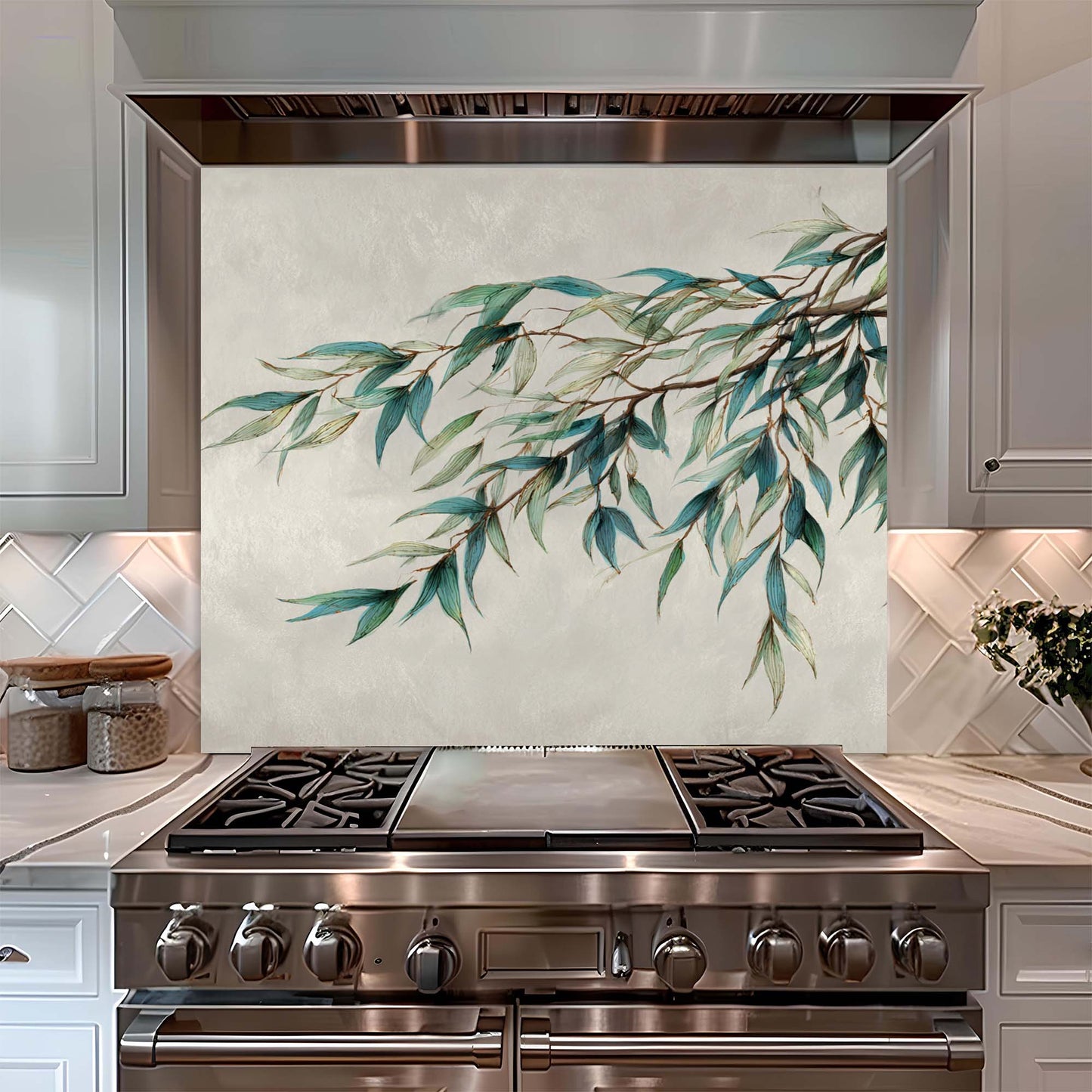 Willow Breeze – Tempered Glass Backsplash for Kitchen – Botanical Leaf Kitchen Splashback