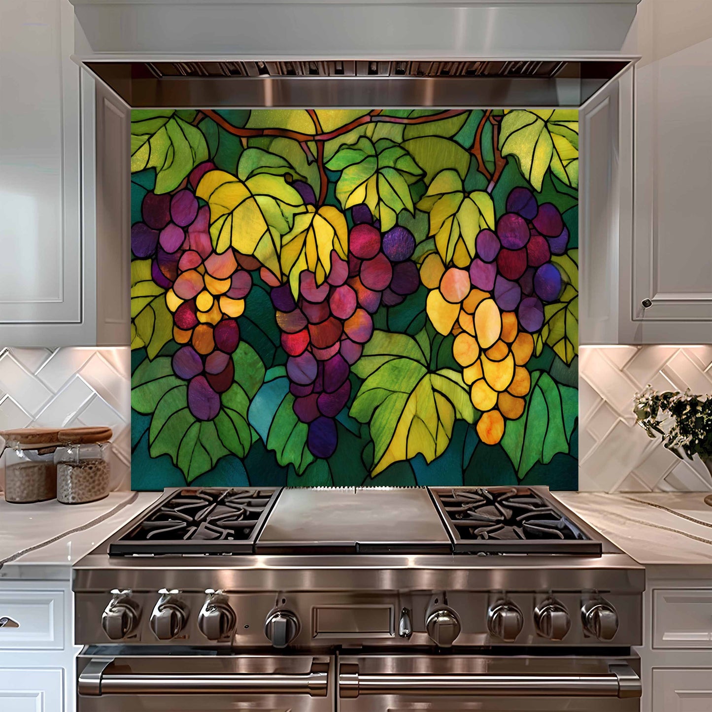 Tempered Glass Backsplash With Vivid Vineyard for Tuscan Style Kitchen