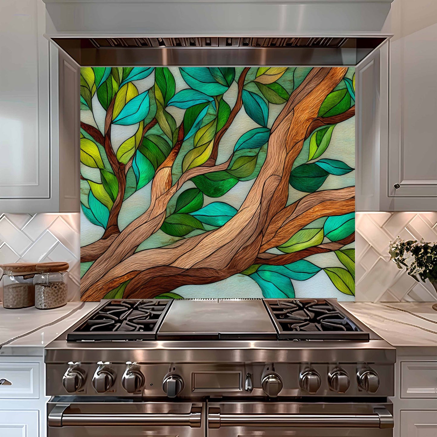 Forest Embrace – Tempered Glass Backsplash for Kitchen | Nature-Inspired Stained Glass