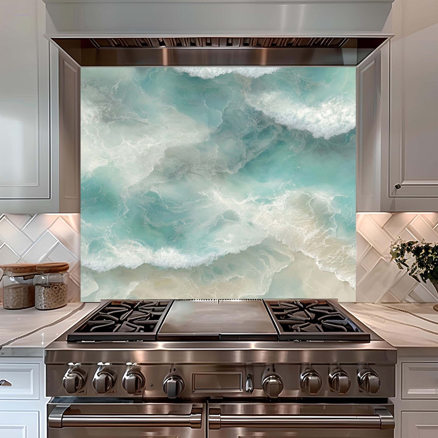 Coastal Tide – Tempered Glass Backsplash for Kitchen | Aerial Ocean Wave Backsplash