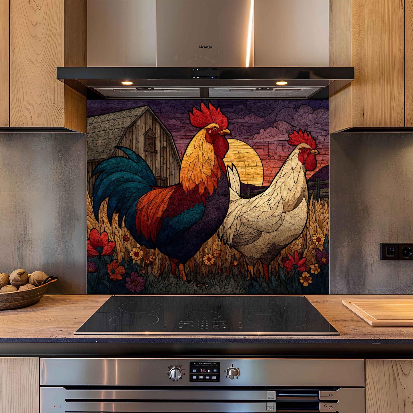 Tempered Glass Backsplash for Kitchen | Rustic Rooster and Hen Farm Scene Design