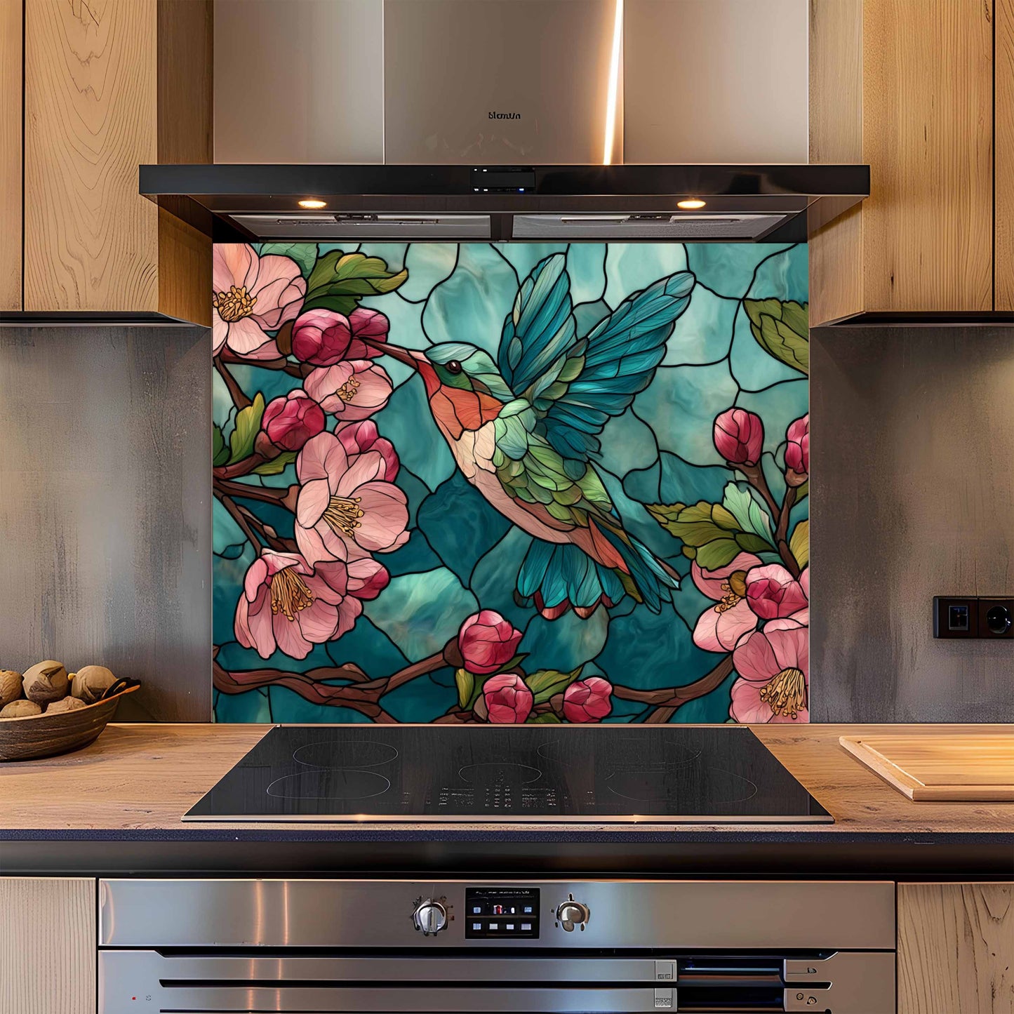 Blossom Nectar – Tempered Glass Kitchen Backsplash with Hummingbird